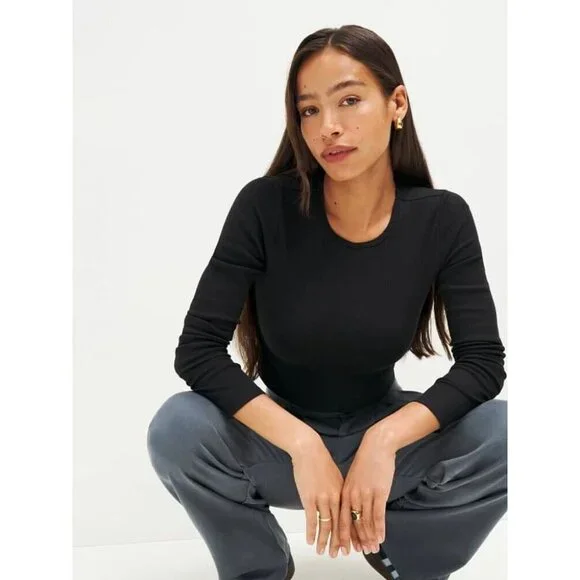 REFORMATION Muse Black Modal Ribbed Jersey Cropped Long Sleeve T-Shirt, Size XS - Picture 4 of 9